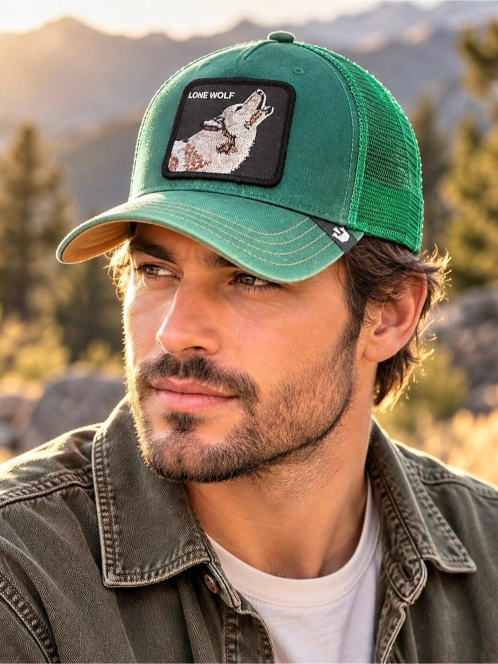 This is a Goorin Bros. The Farm “Lone Wolf” trucker hat in green, one size with